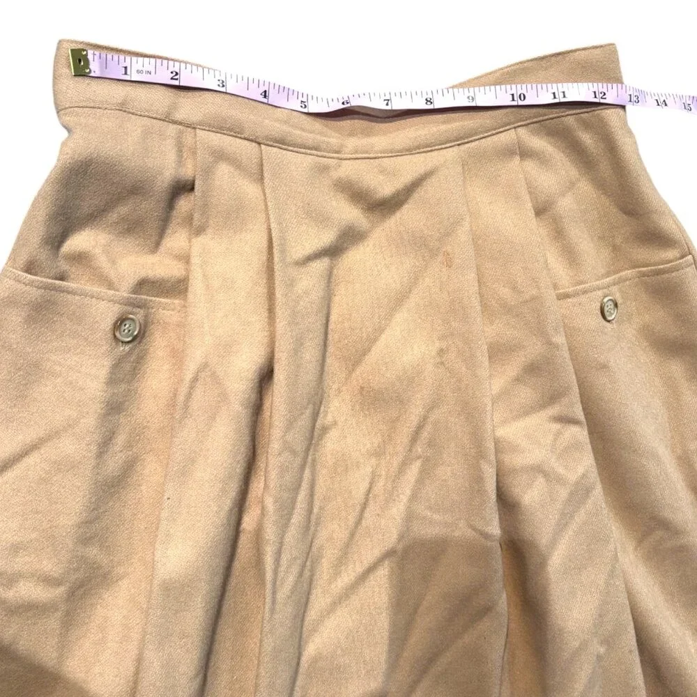 Vintage 70s Women's Size 7/8 tan Wool A-Line Pleat Front Midi Skirt with Pockets